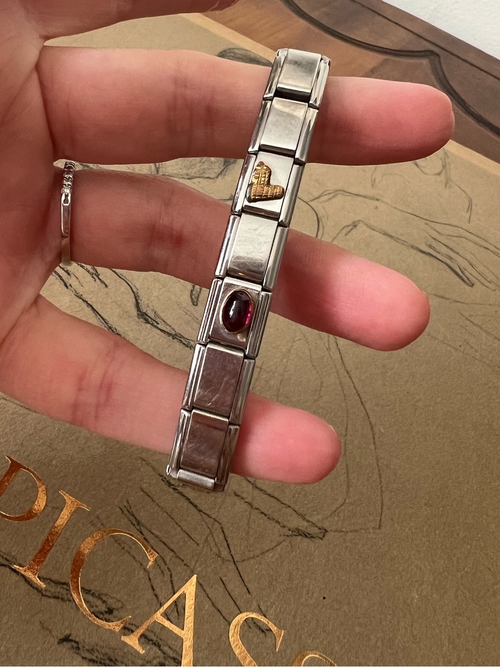Italian Charm Bracelet with Garnet Accent- 6 charms